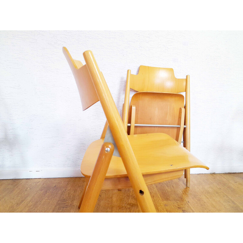 Set of 4 vintage solid stained beech folding chairs by Egon Eiermann for Wilde Spieth, Germany 1960