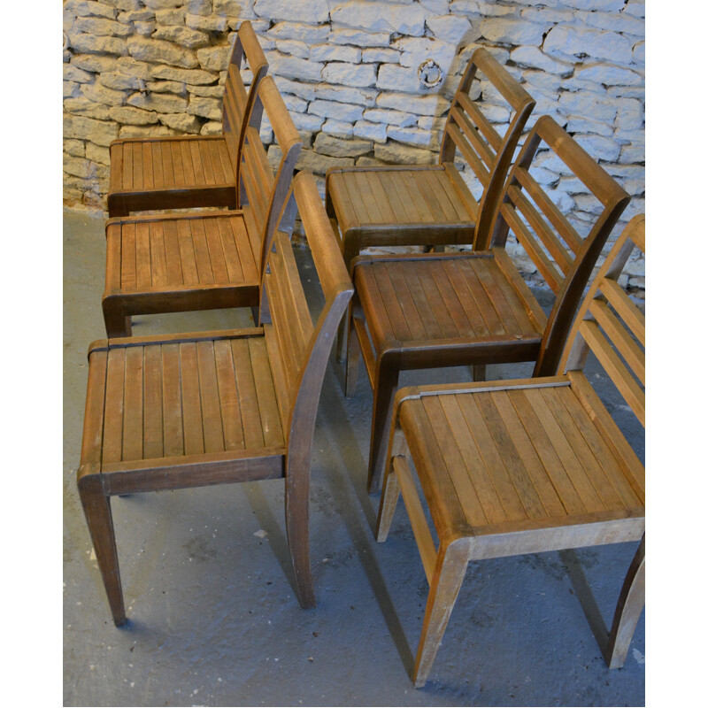 Set of 6 stackable chairs in wood, René GABRIEL - 1950s