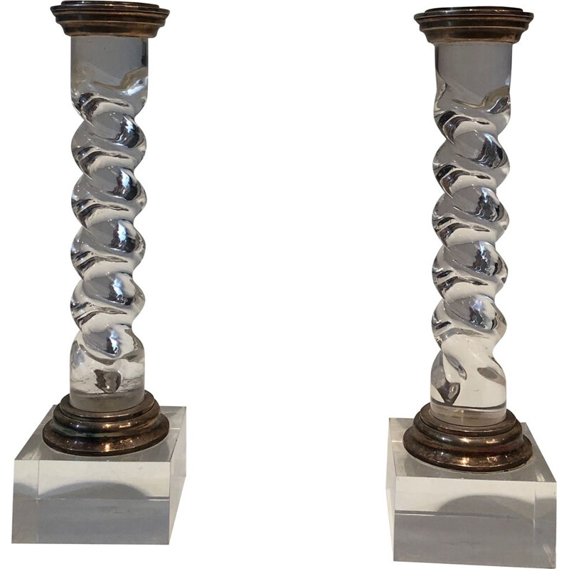 Pair of vintage twisted plexiglass and silver plated candlesticks, 1970