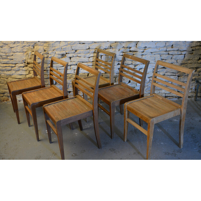 Set of 6 stackable chairs in wood, René GABRIEL - 1950s