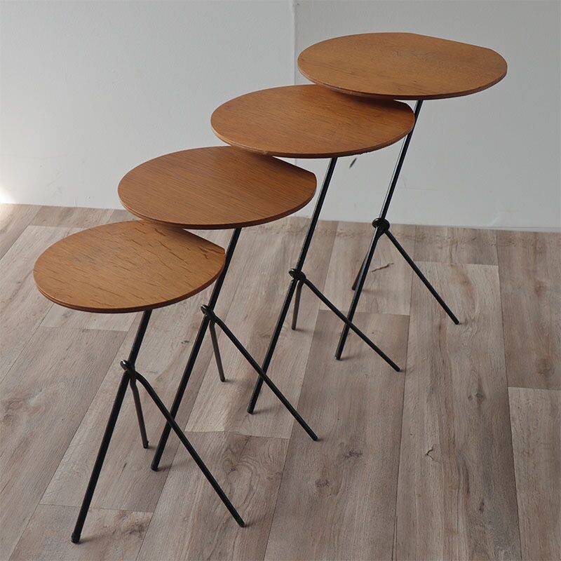 Tables gigognes vintage en métal et bois, 1960