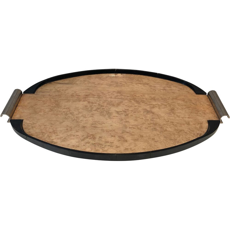 Vintage art deco tray in sycamore, ebonized wood and chromed metal, France 1930
