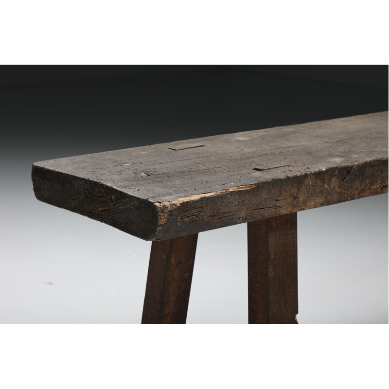 Banc rustique vintage Wabi Sabi en bois sombre, 1950