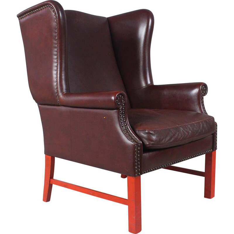 Sillón inglés vintage Wingback de cuero marrón