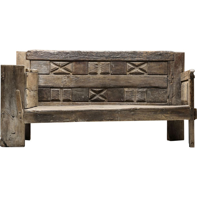 Vintage rustic graphical bench with armrests, 1800s