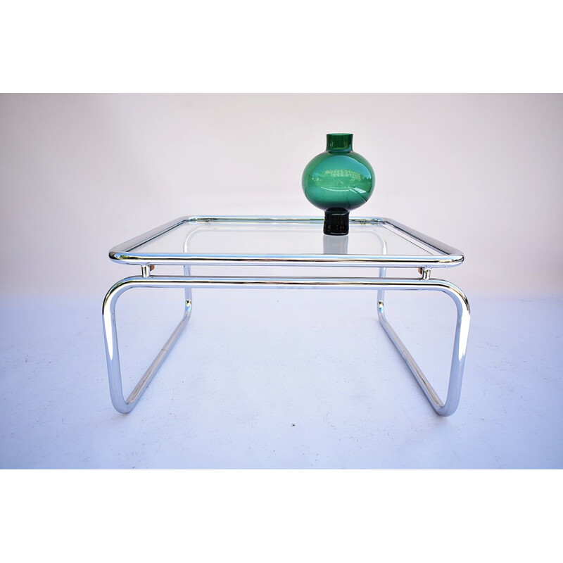 Table basse vintage en chrome avec un plateau en verre épais, 1970