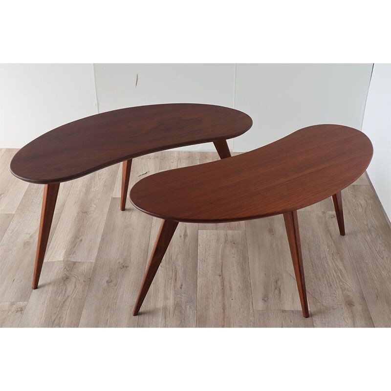 Pair of vintage wooden "bean" tripod coffee tables, 1960s