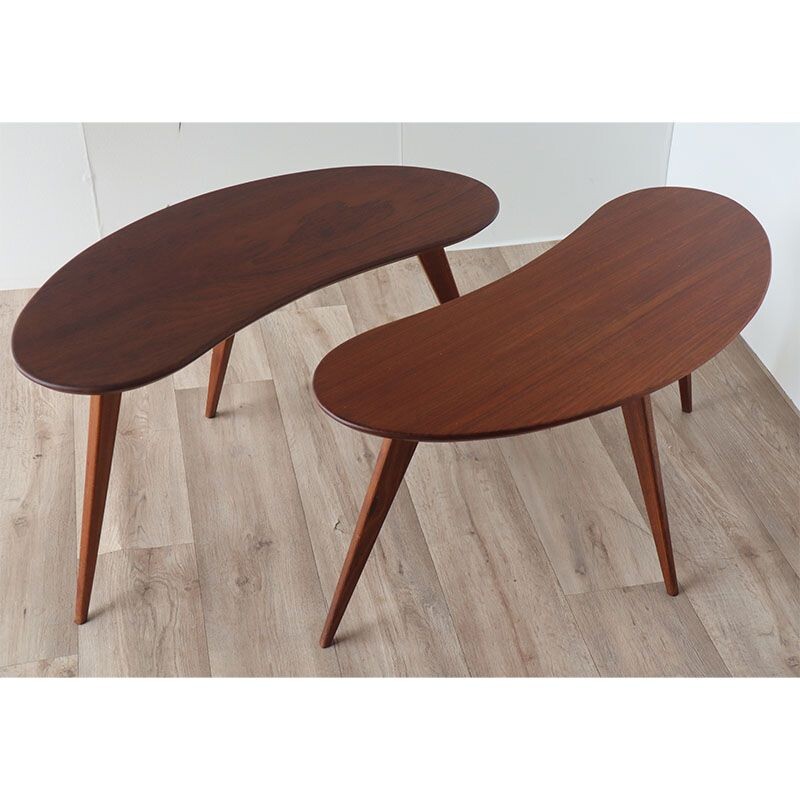 Paire de tables basses tripode "haricot" vintage en bois, 1960