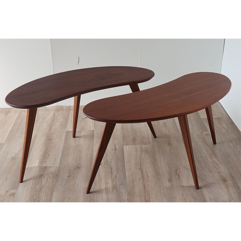 Pair of vintage wooden "bean" tripod coffee tables, 1960s