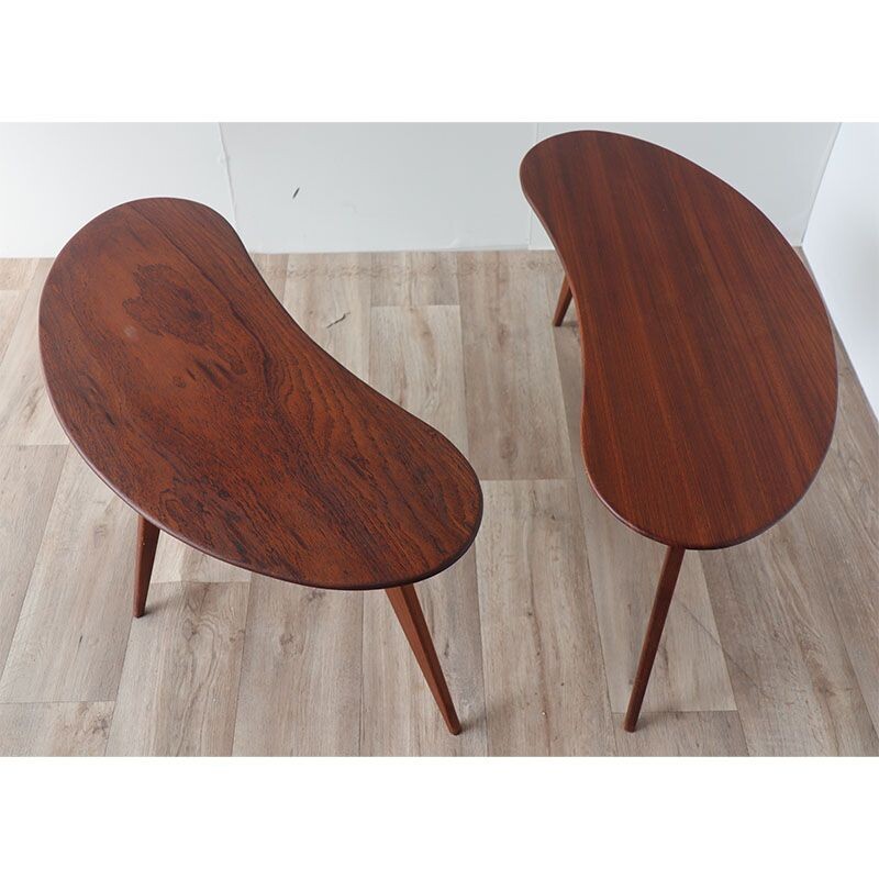 Paire de tables basses tripode "haricot" vintage en bois, 1960