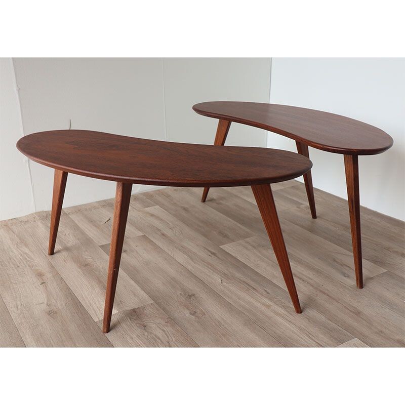 Pair of vintage wooden "bean" tripod coffee tables, 1960s