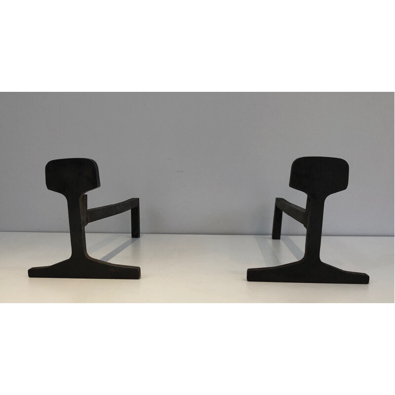 Pair of vintage modernist andirons in cast iron and wrought iron, France 1950