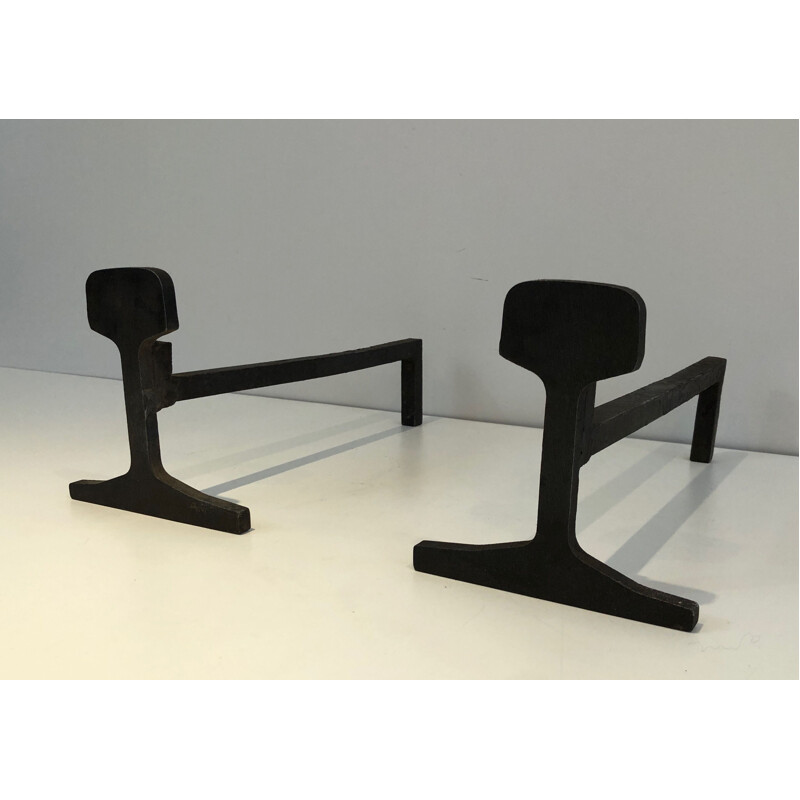 Pair of vintage modernist andirons in cast iron and wrought iron, France 1950