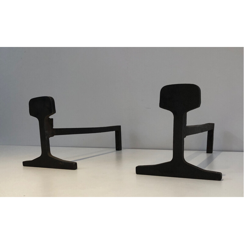 Pair of vintage modernist andirons in cast iron and wrought iron, France 1950