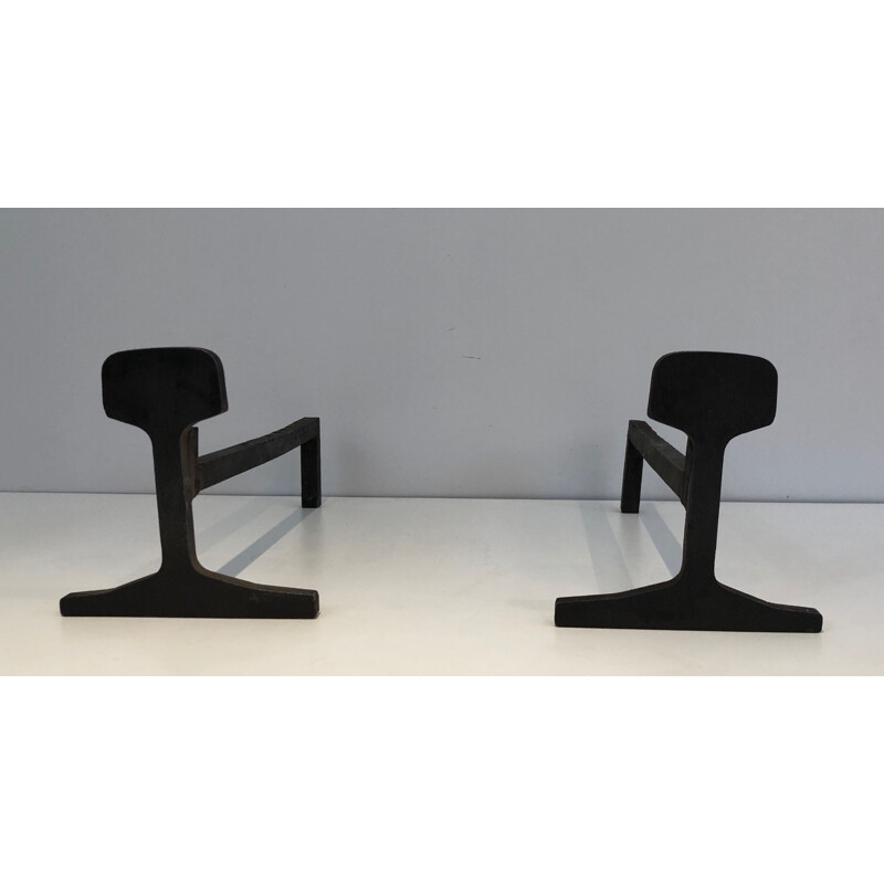 Pair of vintage modernist andirons in cast iron and wrought iron, France 1950