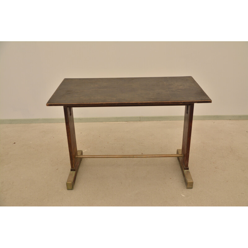 Table bistrot vintage en bois et en laiton, 1920