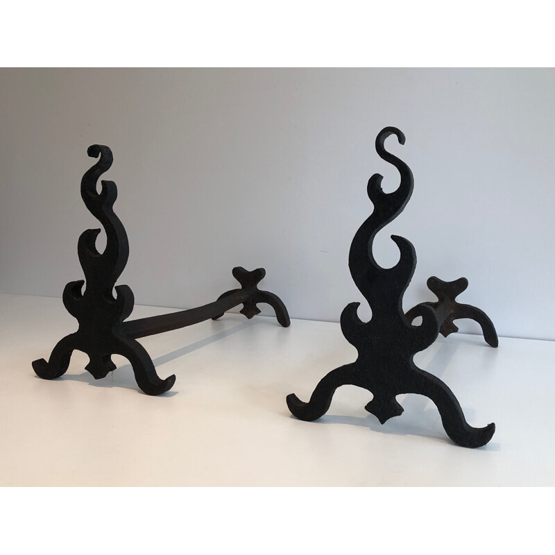 Pair of vintage cast iron and wrought iron andirons, France 1940