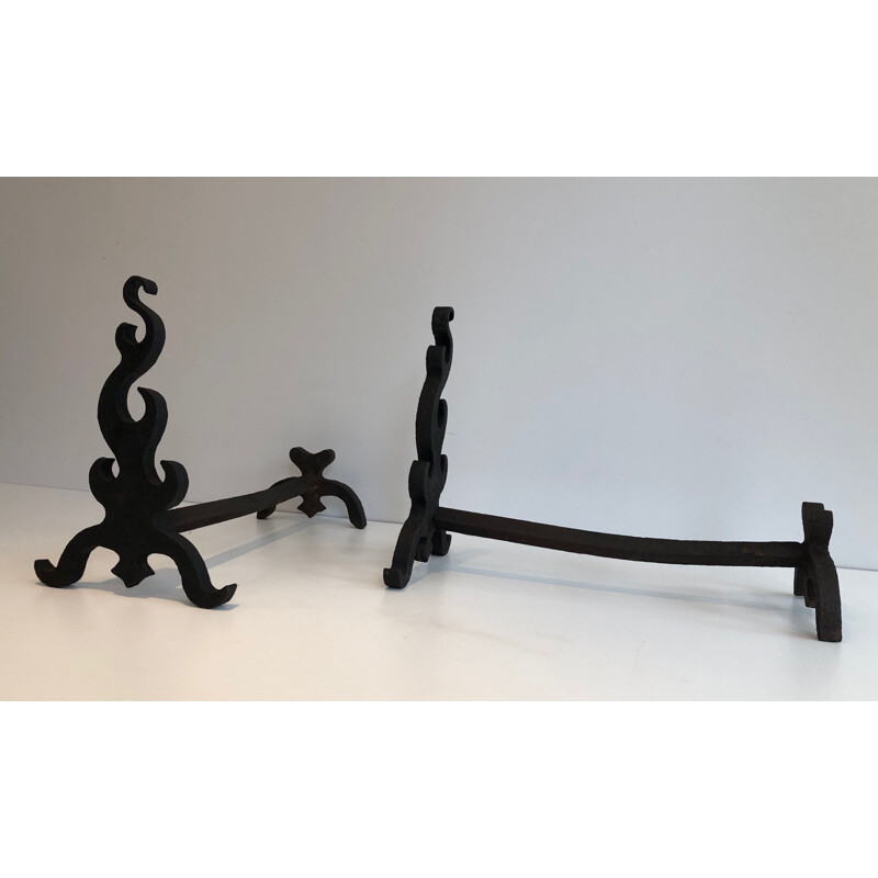 Pair of vintage cast iron and wrought iron andirons, France 1940