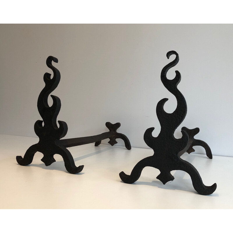Pair of vintage cast iron and wrought iron andirons, France 1940