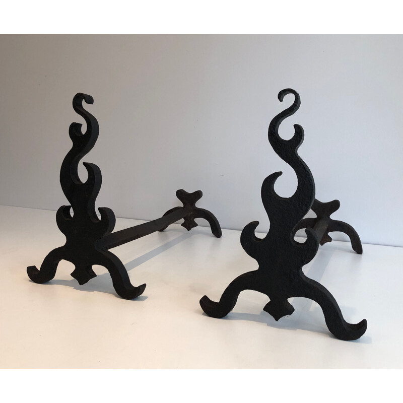 Pair of vintage cast iron and wrought iron andirons, France 1940