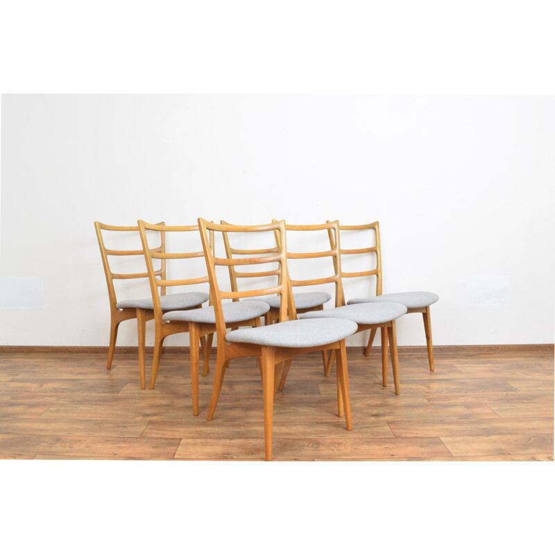 Set of 6 vintage cherry wood chairs by Marian Grabińskich, Germany 1960