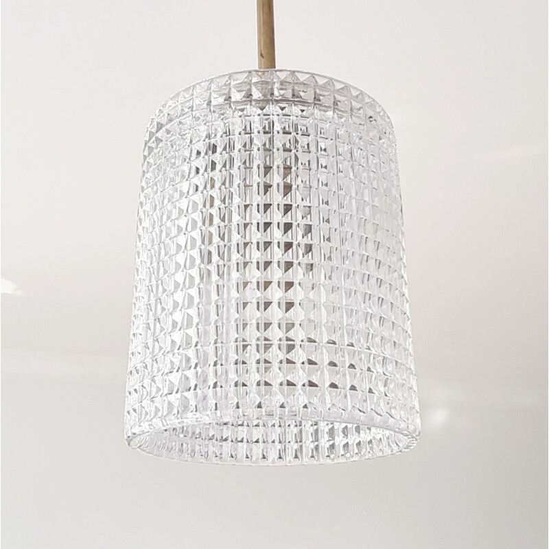 Scandinavian vintage brass and crystal glass suspension by Carl Fagerlund for Orrefors, Sweden 1960