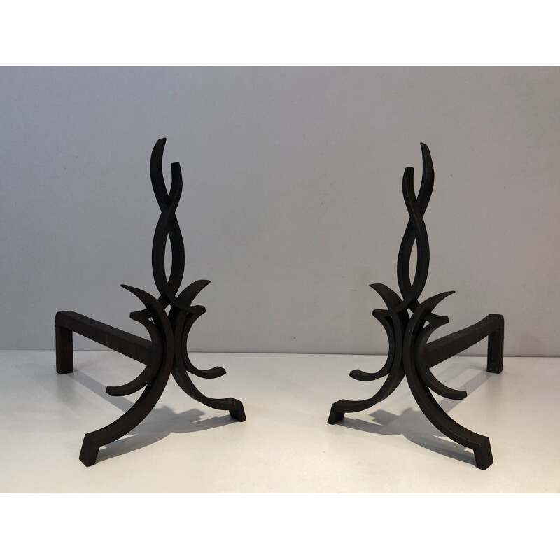 Pair of vintage wrought iron andirons by Raymond Subes, France 1940