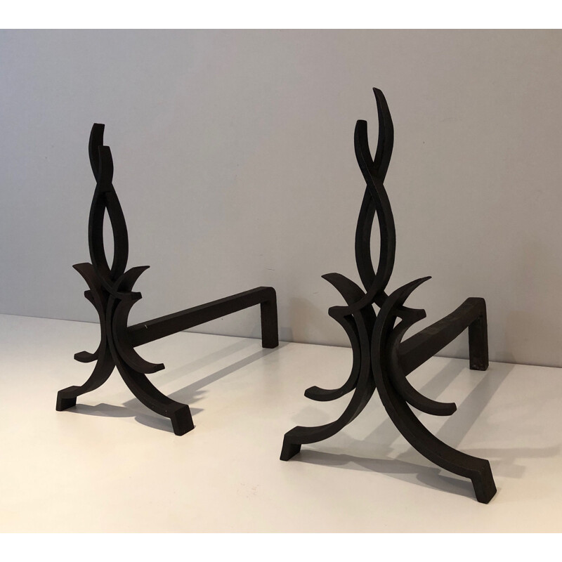 Pair of vintage wrought iron andirons by Raymond Subes, France 1940