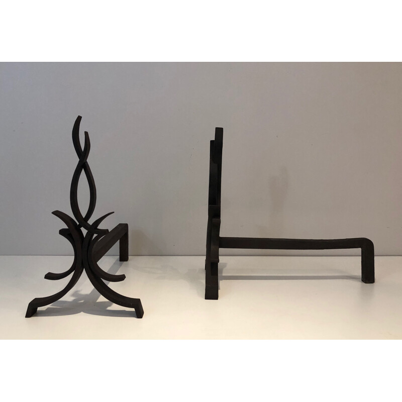 Pair of vintage wrought iron andirons by Raymond Subes, France 1940