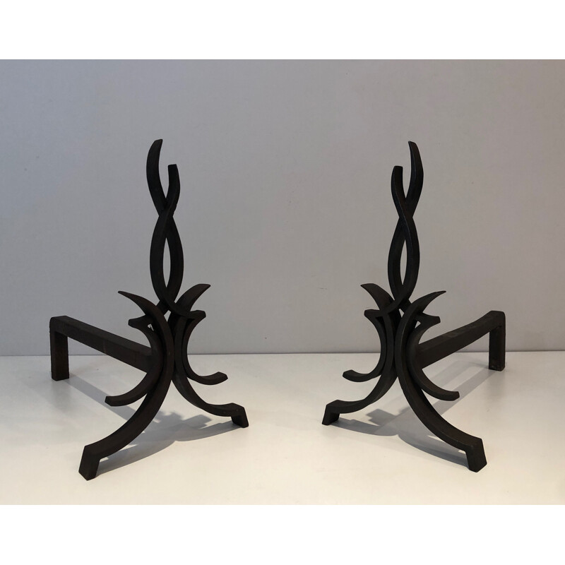 Pair of vintage wrought iron andirons by Raymond Subes, France 1940