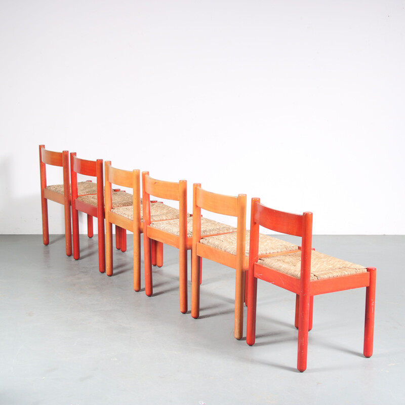 Set of 6 vintage red painted wood dining chairs, France 1960s
