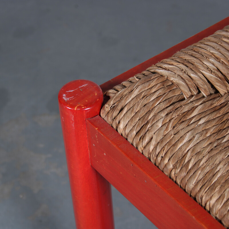 Ensemble de 6 chaises vintage en bois peint en rouge, France 1960