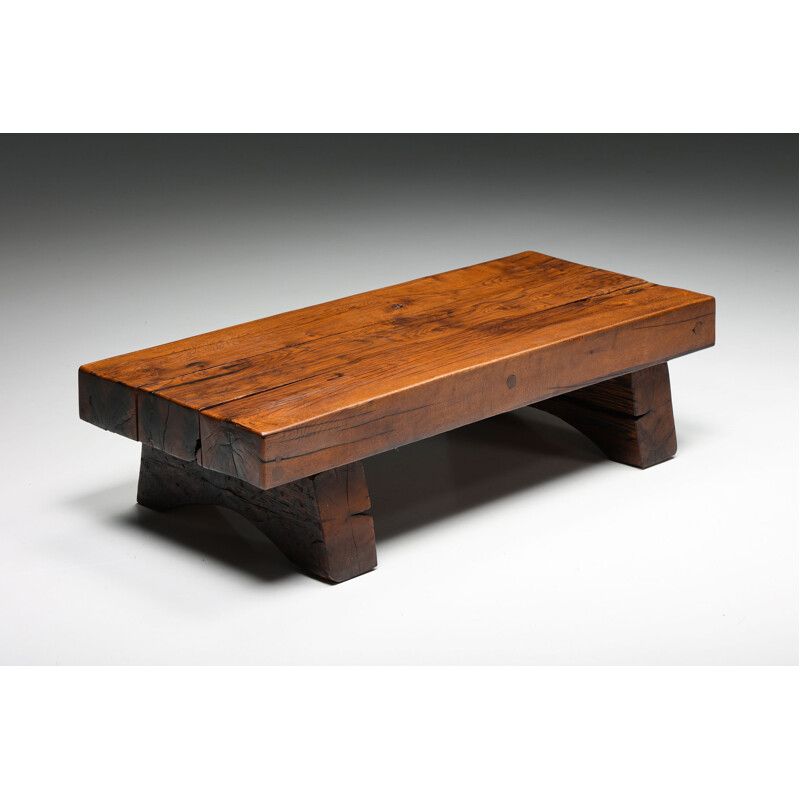 Vintage rectangular coffee table in solid wood Wabi-Sabi with screws, 1940