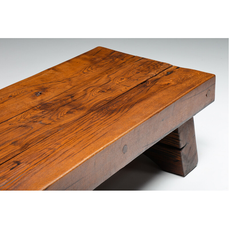 Vintage rechthoekige salontafel in massief hout Wabi-Sabi met schroeven, 1940