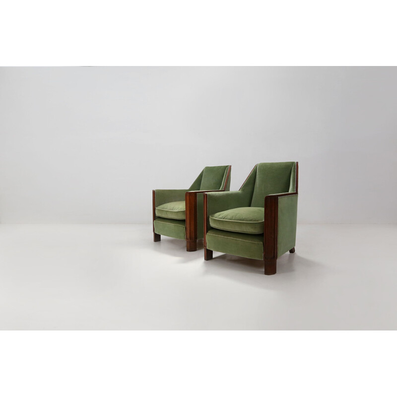 Pair of Art Deco vintage armchairs in velvet green and oakwood, 1920s