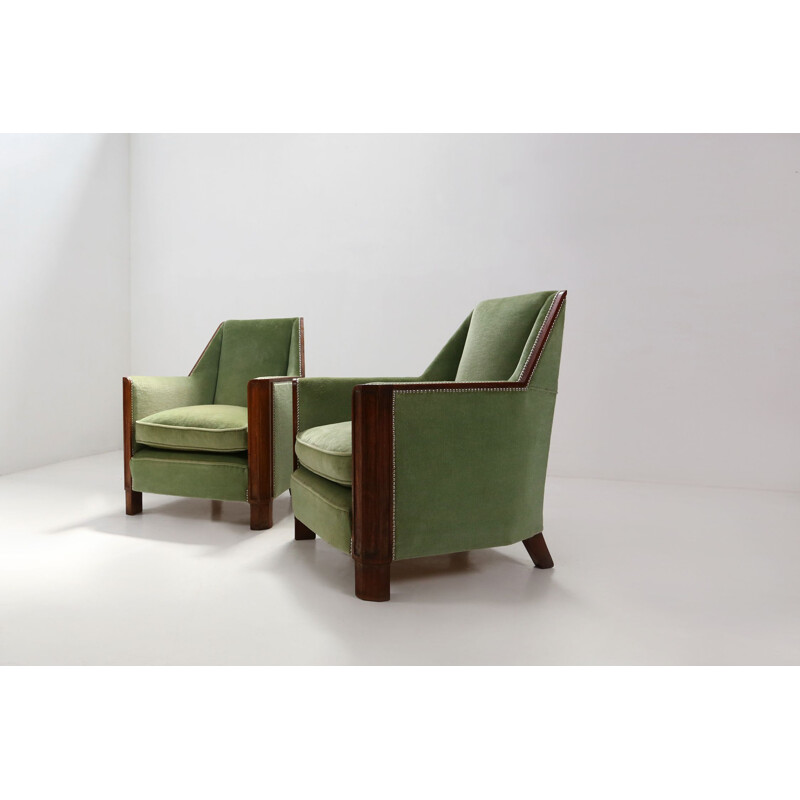 Paire de fauteuils Art déco vintage en vert velours et bois de chêne, 1920