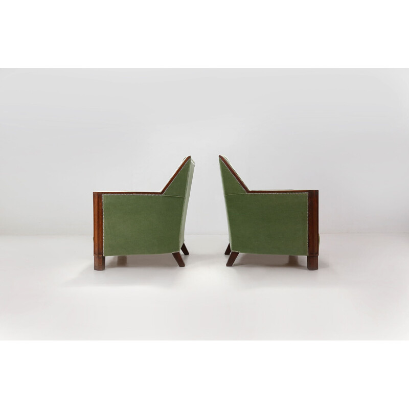 Pair of Art Deco vintage armchairs in velvet green and oakwood, 1920s