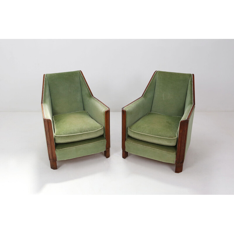 Paire de fauteuils Art déco vintage en vert velours et bois de chêne, 1920