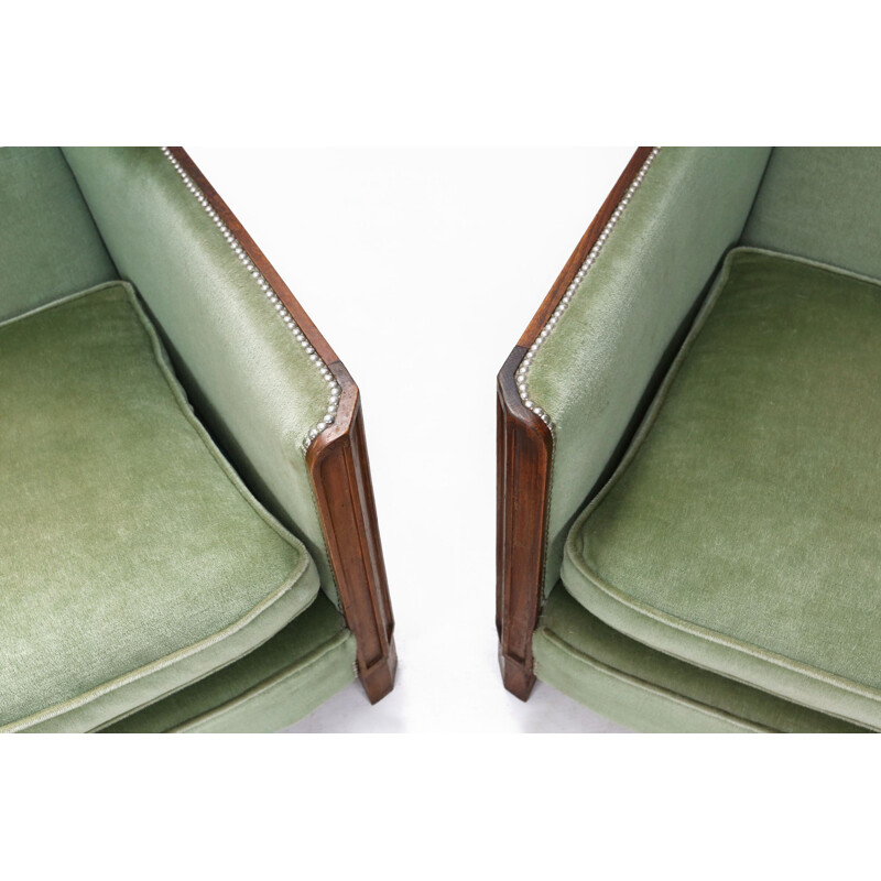 Pair of Art Deco vintage armchairs in velvet green and oakwood, 1920s