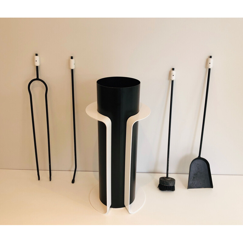 Black and white lacquered vintage fire set, France 1980