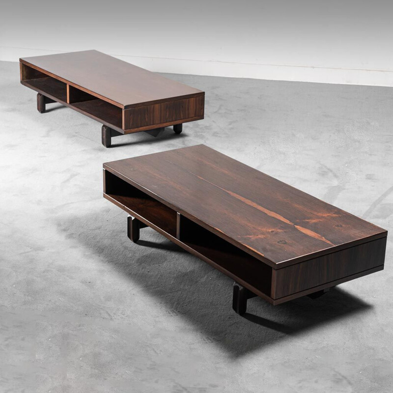 Pair of vintage coffee tables in solid wood, 1980s