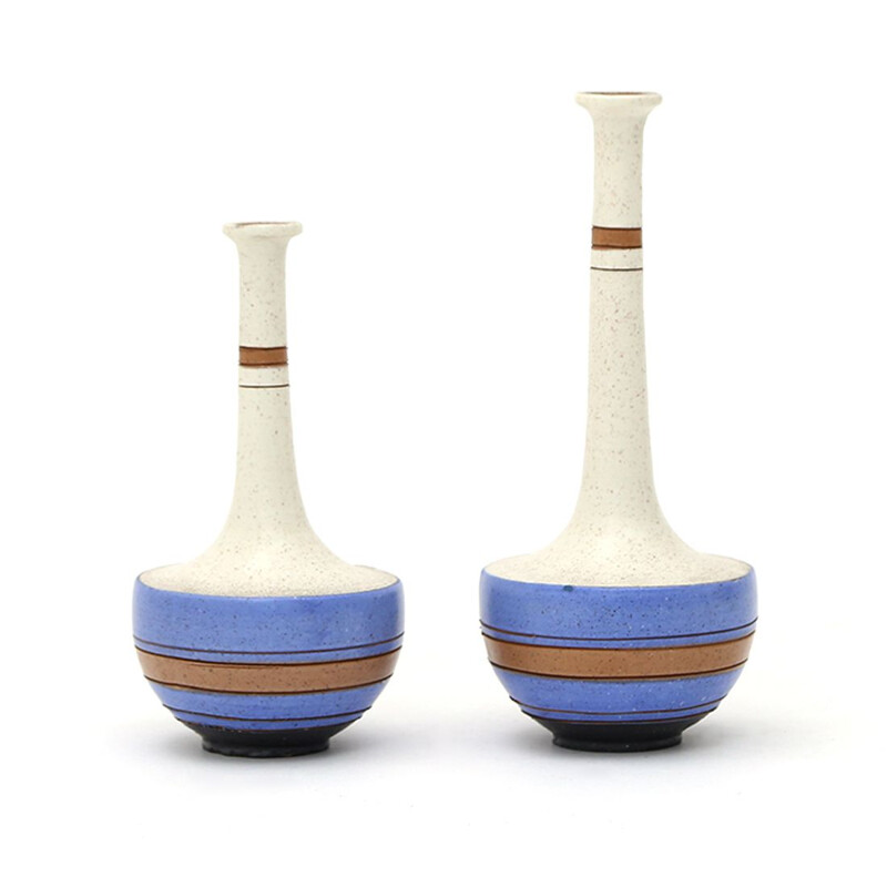 Pair of vintage white and blue decorated stoneware vases by Vanni, 1980s