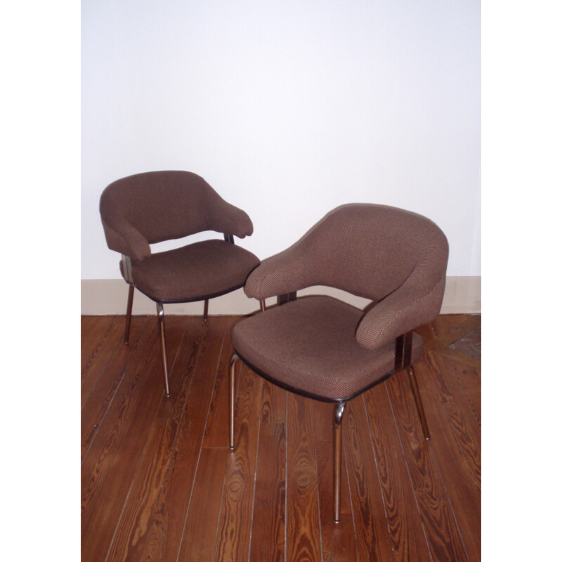 Pair of mid-century armchairs in brown tweed and chromed metal - 1970s