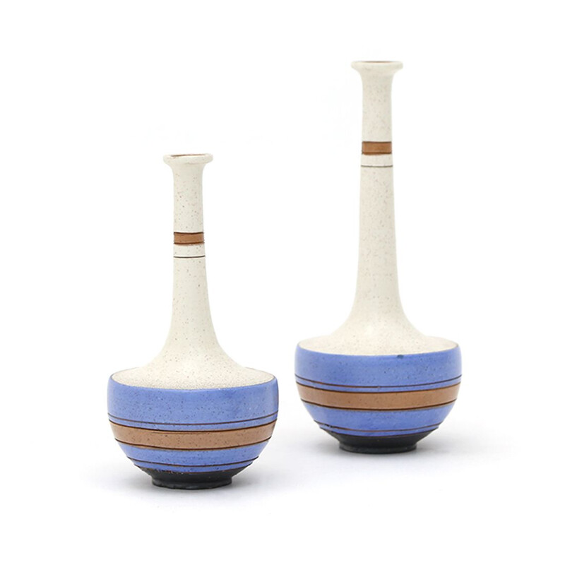 Pair of vintage white and blue decorated stoneware vases by Vanni, 1980s