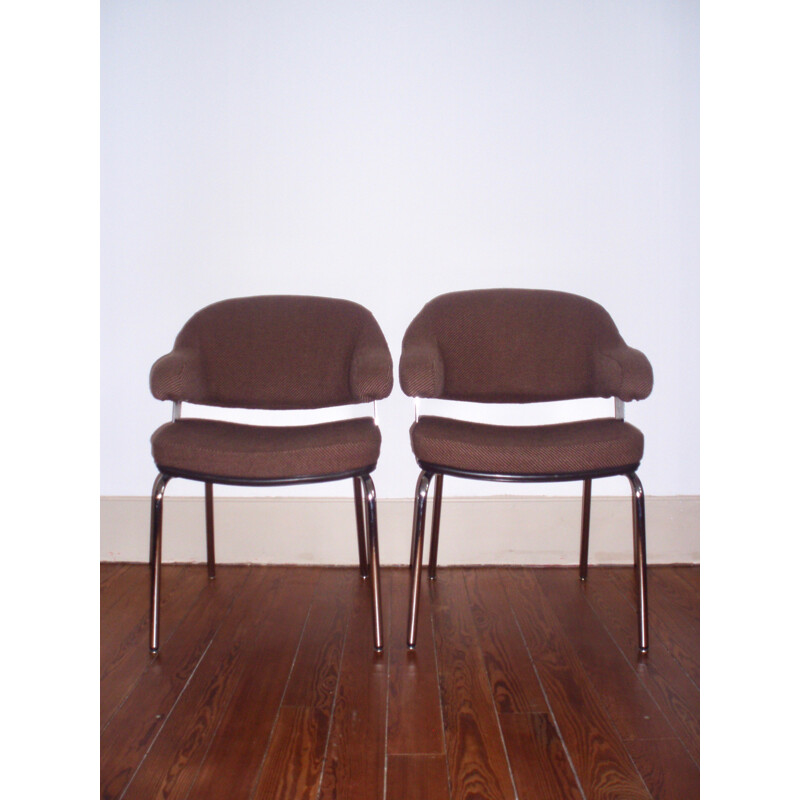 Pair of mid-century armchairs in brown tweed and chromed metal - 1970s