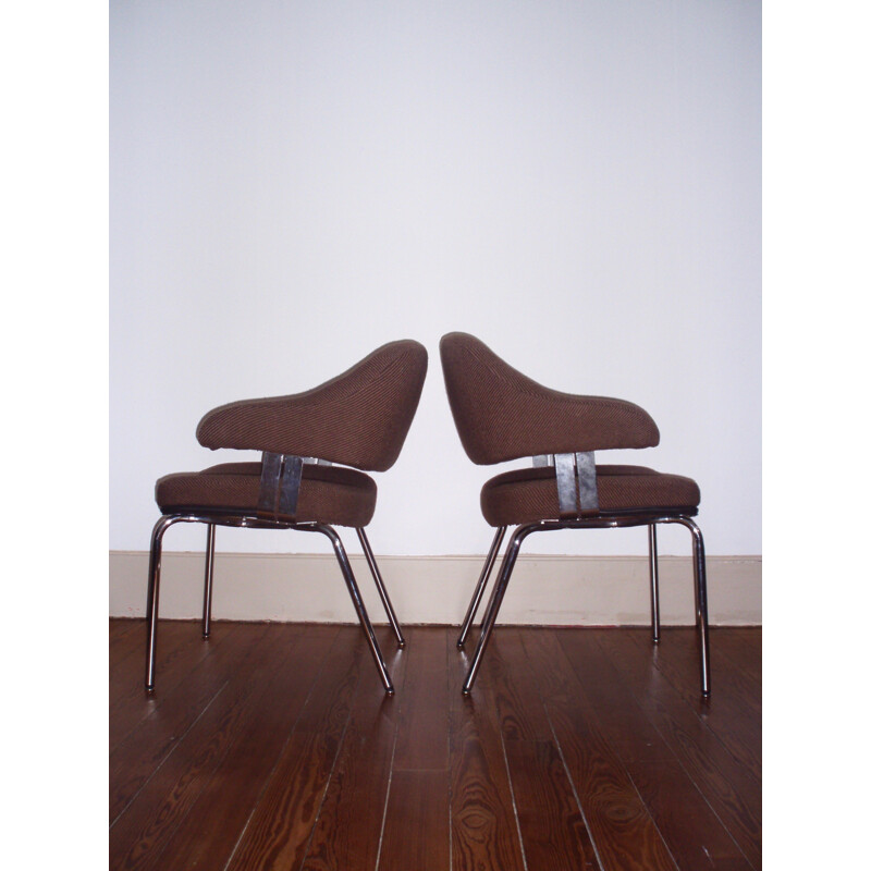 Paire de fauteuils vintage en tweed marron et chrome - 1970