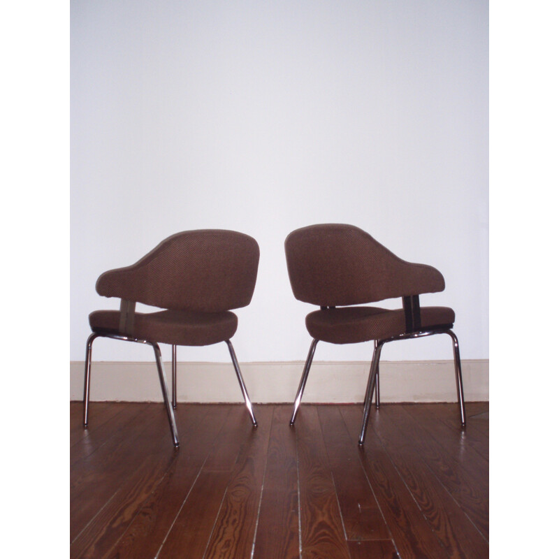 Pair of mid-century armchairs in brown tweed and chromed metal - 1970s