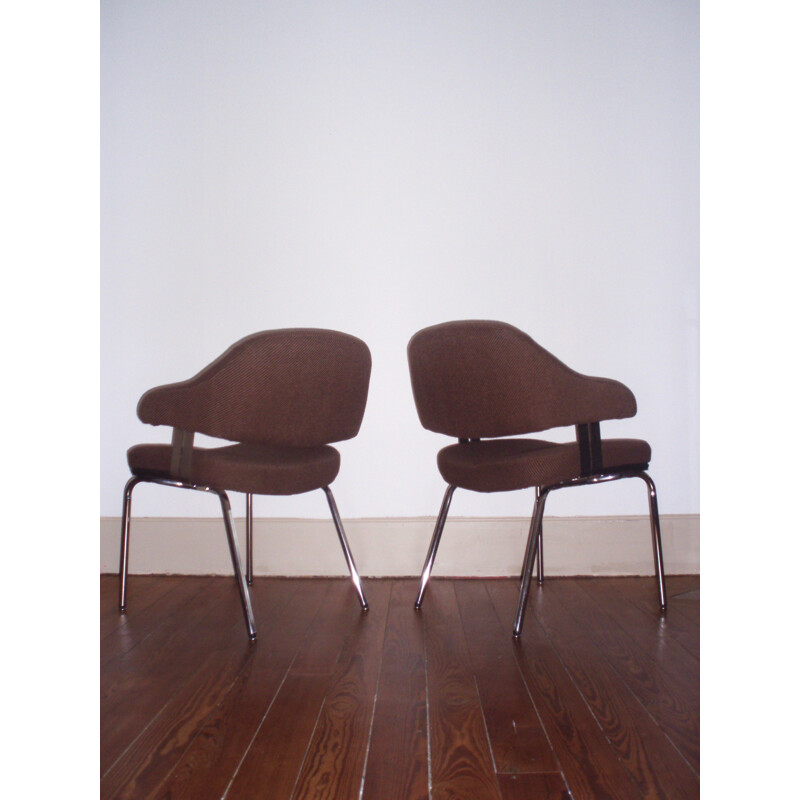 Paire de fauteuils vintage en tweed marron et chrome - 1970