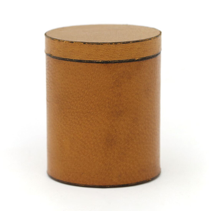 Vintage cylindrical leather box with lid, Italy 1970