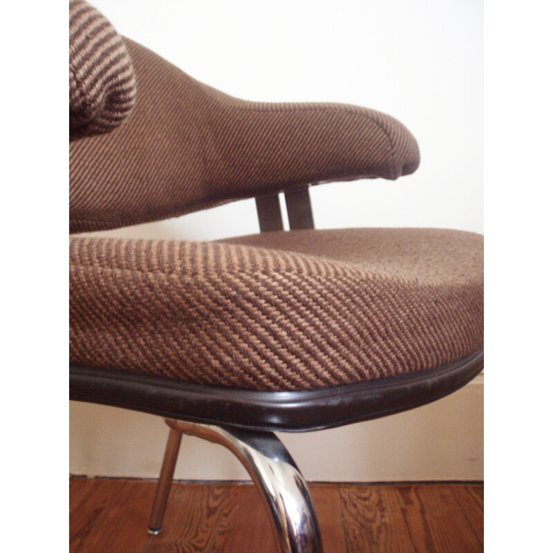 Pair of mid-century armchairs in brown tweed and chromed metal - 1970s